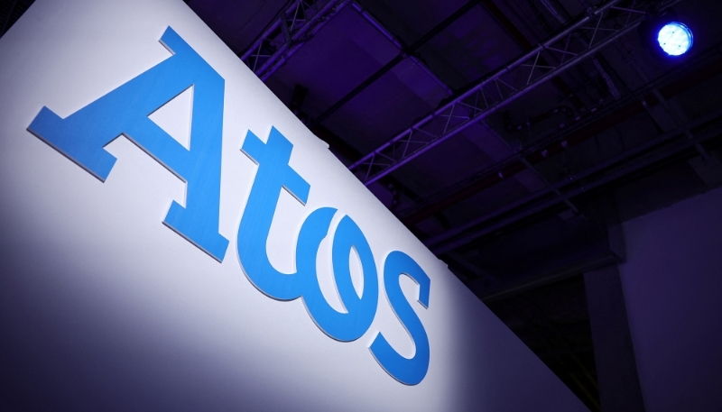 Vue du logo d'Atos lors d'une conférence de presse en février 2022.