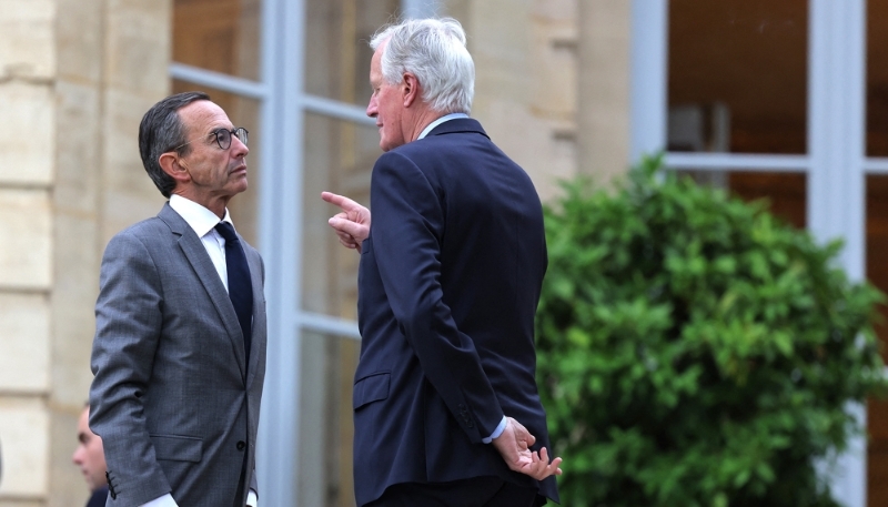 Michel Barnier et Bruno Retailleau, à l'issue d'un séminaire gouvernemental à l'hôtel de Matignon, en septembre 2024. 