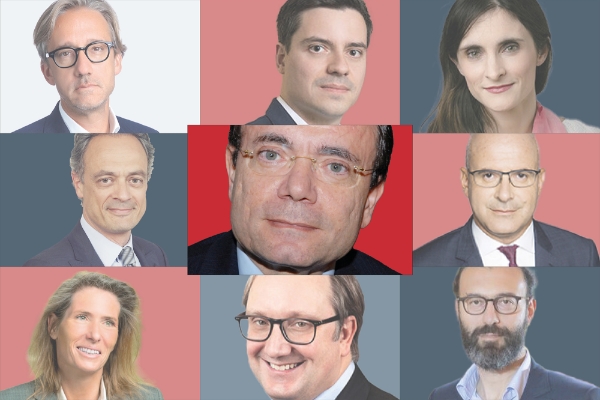 Jean-Charles Naouri, cerné par (de g à dr et de h en b) : Lionel Spizzichino,  Aurélien Loric,  Anne-Sophie Noury, Laurent Mabilat, Jean-Pierre Farges, Alexandra Bigot; Yannick Piette et Saam Golshani.