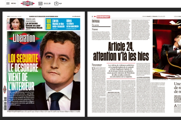 La une de Libération des 28 et 29 novembre 2020.