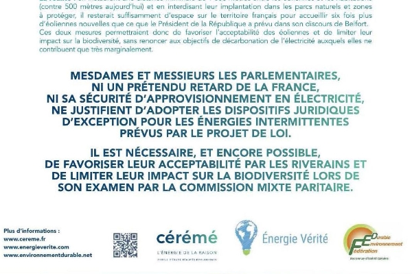 L'association le Cérémé a fait diffuser un communiqué dans plusieurs grands quotidiens nationaux avant le vote à l'Assemblée nationale du projet de loi d'accélération des énergies renouvelables, ce mardi 10 janvier.