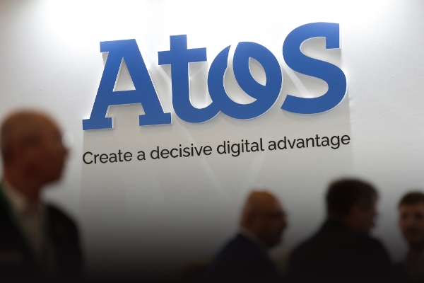 Le logo d'Atos au salon de l'armement Eurosatory, en juin, à Villepinte (Seine-Saint-Denis).