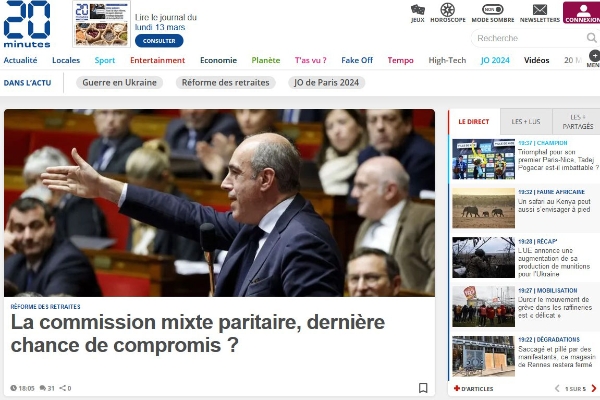 Capture d'écran du site de 20 Minutes.